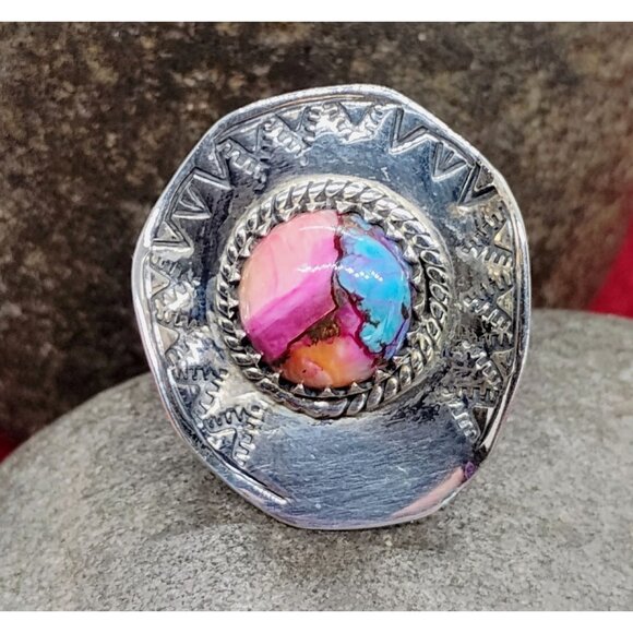 Southwest Sterling Silver Dahlia Turquoise Spiny Oyster Cowboy Hat Ring Size 9 - Picture 2 of 6